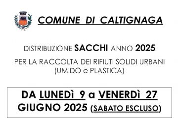Distribuzione sacchi RIFIUTI (umido e plastica)  da LUNED&#236;  9 a VENERD&#236;  27 GIUGNO 2025 (SABATO ESCLUSO)